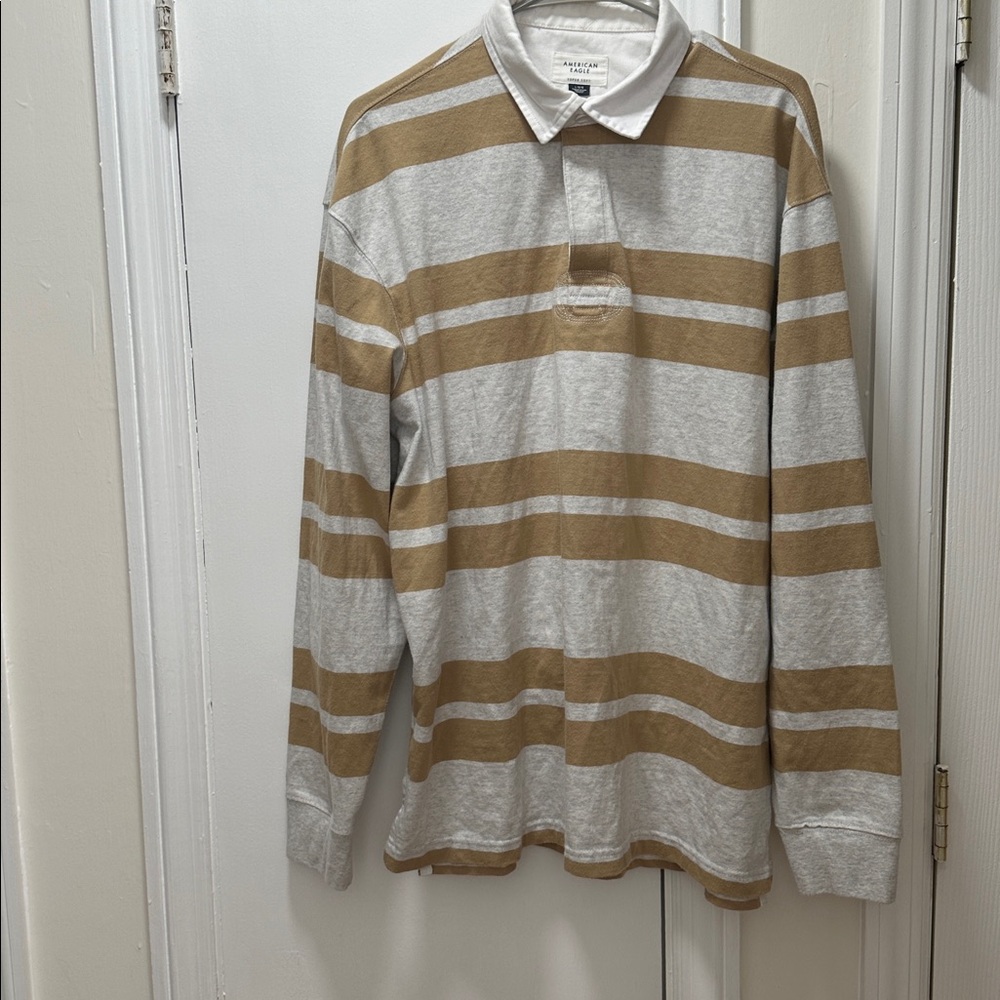 American Eagle  Tan and Gray Striped Polo